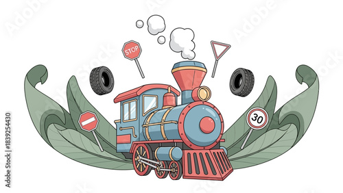 Playful cartoon steam locomotive surrounded by traffic symbols and green waves