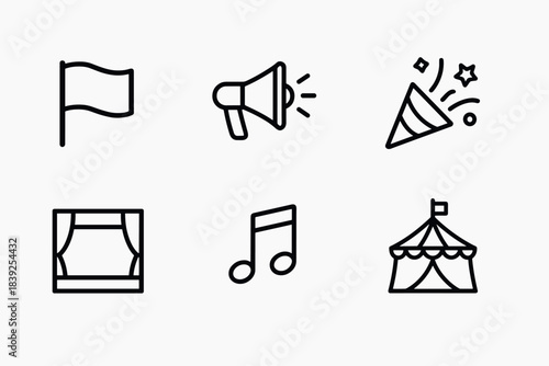 Minimalist festival icons flag, megaphone, party popper, stage, music note, circus tent