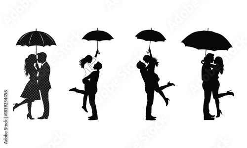 Romantic silhouettes of couples under umbrellas expressing love and affection