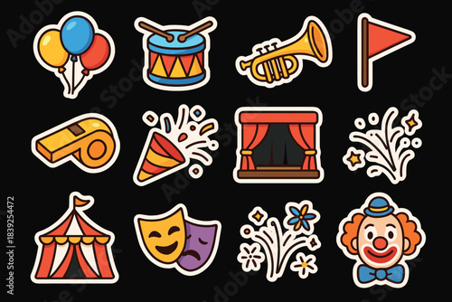 Colorful circus icons balloons, instruments, flags, and clowns in fun sticker design
