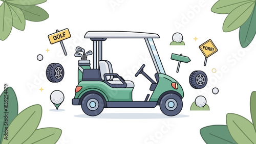 Cartoon-style golf course scene featuring a green golf cart with signage and