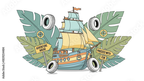 Whimsical nautical adventure scene featuring a vintage sailing ship surrounded