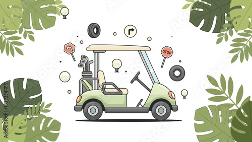 Illustration of a modern golf cart surrounded by greenery and signage elements