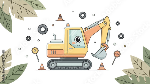 Cartoon Construction Equipment Excavator Working Amid Construction Scene