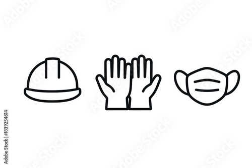 Minimalist safety gear icons helmet, gloves, mask in black linear style