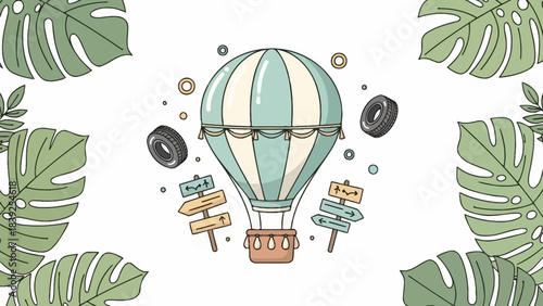 Whimsical hot air balloon surrounded by vibrant tropical foliage and playful