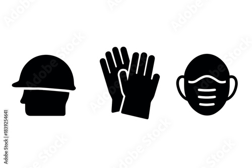 Essential safety gear icons hard hat, gloves, and protective mask in black silhouette