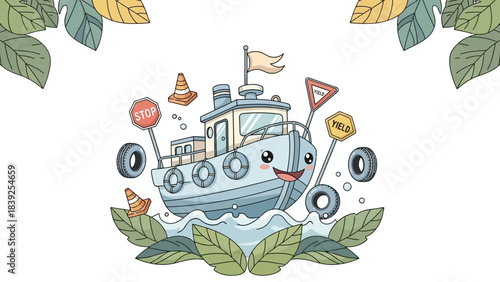 Cute cartoon boat surrounded by traffic signs and foliage for children