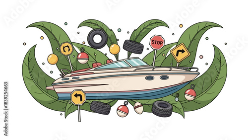 playful boat amid lush greenery with traffic signs and tires in whimsical