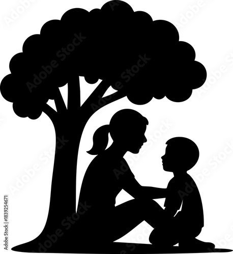 Silhouette of woman sitting with child under tree in calm bonding moment