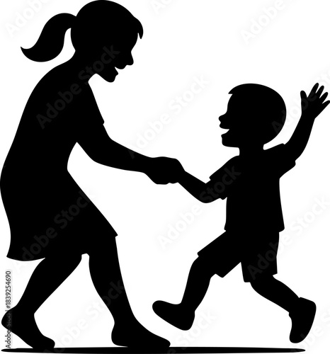 Silhouette of woman dancing playfully with excited child in joyful moment