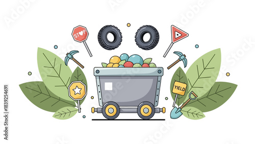 Creative Illustration of a Minecart Transporting Colorful Minerals with Safety