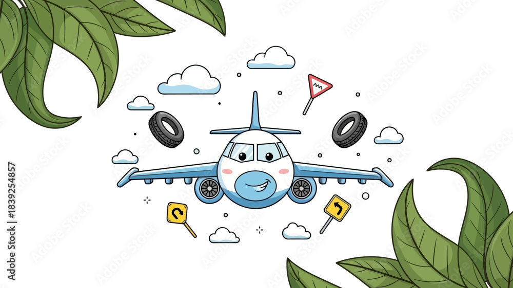Obraz premium Whimsical Cartoon Airplane with Friendly Face Flying Amid Green Leaves and Sky