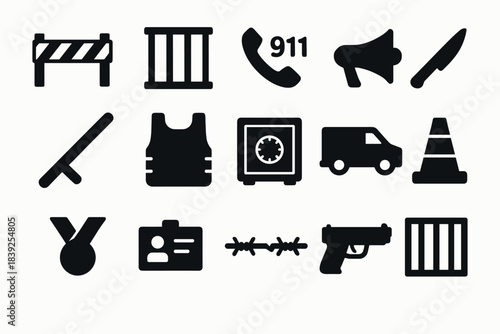 Security and law enforcement tactile elements set in bold silhouette style
