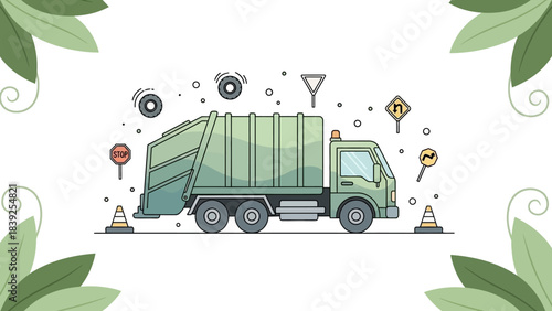 modern waste collection truck navigating urban traffic with safety signs and
