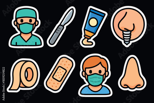 Colorful medical stickers set featuring healthcare professionals and tools