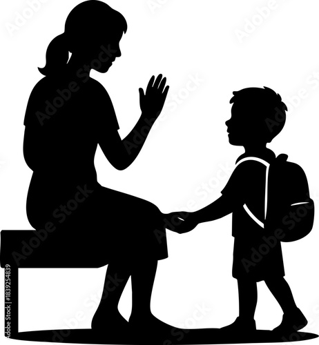 Silhouette of woman giving guidance to child before school with backpack