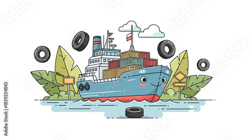 Colorful Cargo Ship with Floating Tires and Lush Green Foliage Illustration