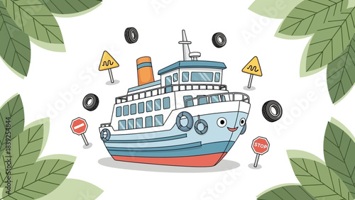 Colorful cartoon ferry boat surrounded by directional traffic signs and
