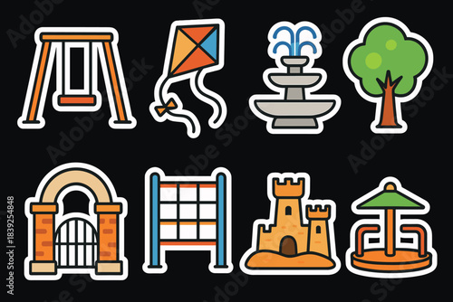 Colorful cartoon playground icons with swings and sandcastle on dark background