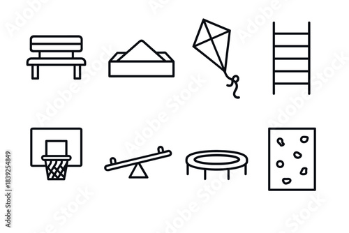 Playground equipment icons minimal linear style set for outdoor fun