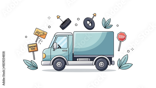 Eco-Friendly Moving Vehicle with Green Leaves and Recycling Symbols