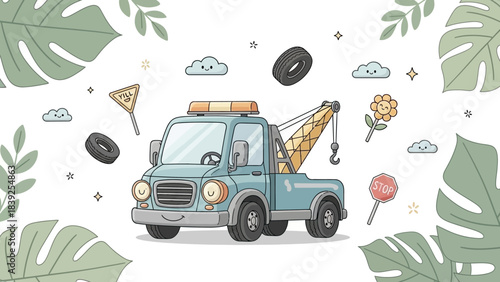 Playful cartoon tow truck surrounded by whimsical elements and lush foliage