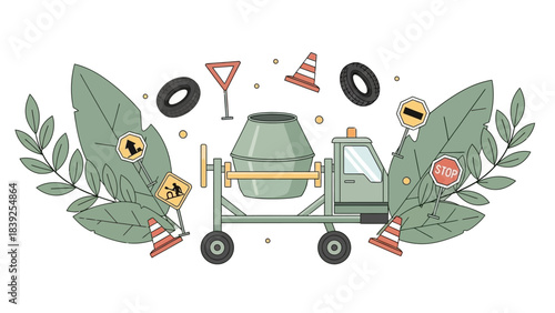 Playground Construction Scene with Safety Cones and Construction Equipment