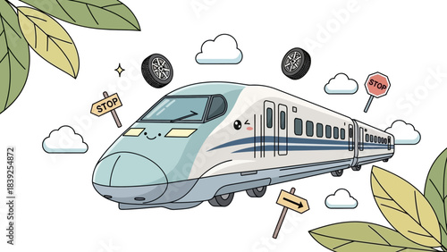 Modern high-speed bullet train traveling through a lush green landscape with