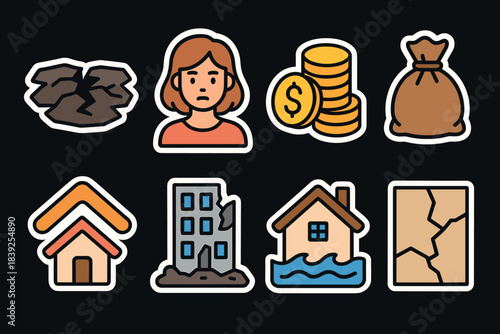 Colorful sticker style icons depicting disaster and economic issues
