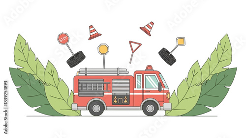Playful cartoon fire truck surrounded by road signs and traffic cones amidst