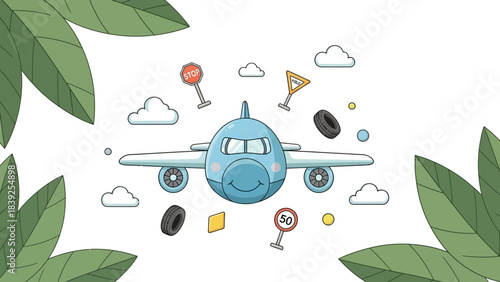 Whimsical cartoon aircraft navigating through a playful traffic signaling