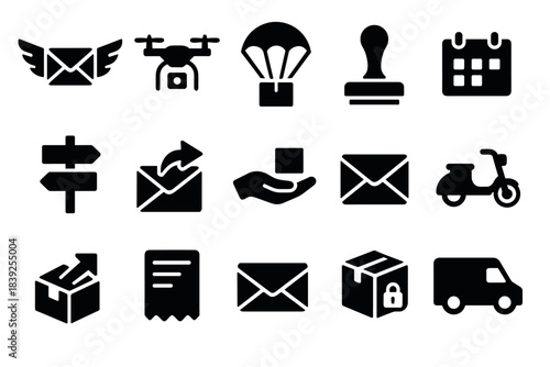 Black silhouette icons for mail and delivery services envelopes, drone, calendar, scooter