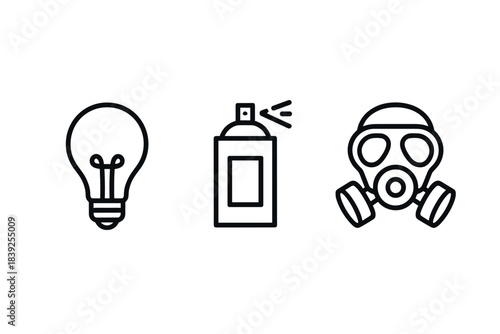 Simple linear icons of light bulb, spray can, and gas mask for various uses