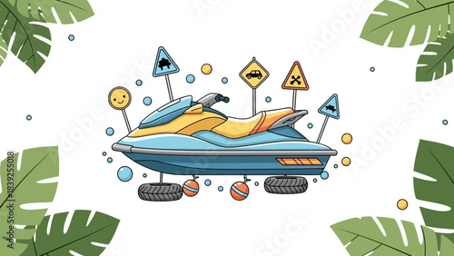 Colorful cartoon watercraft with safety signs surrounded by tropical foliage
