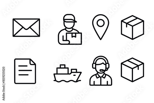Linear delivery icons set featuring package, shipping, and customer support