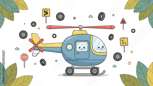 Adorable cartoon helicopter with smiling faces surrounded by playful road