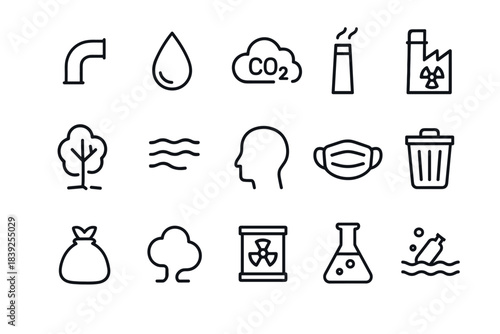 Clean environment icons set featuring pollution, recycling, and safety concepts in minimalist design