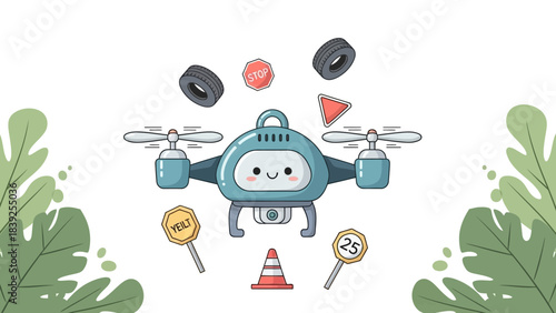 Cute cartoon drone with smiling face surrounded by traffic signs and greenery