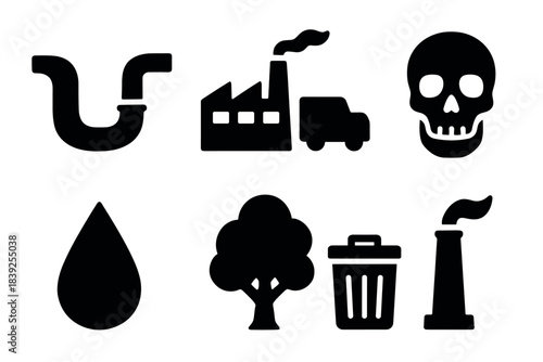 Pollution warning icons set industrial, waste, environmental alert symbols