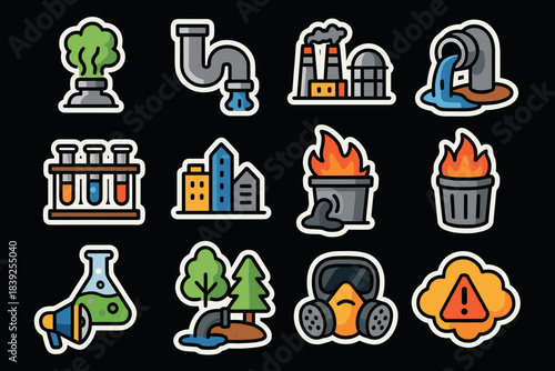 Environmental pollution icons set featuring factories, waste, and chemical elements