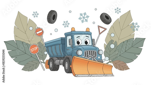 Animated snow removal vehicle with cheerful expression surrounded by winter