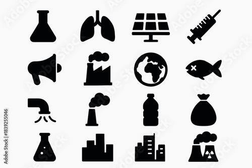 Silhouette icons of environmental impact and industry in modern design