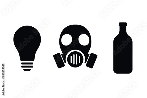 Simple black silhouettes of a light bulb, gas mask, and bottle on white background