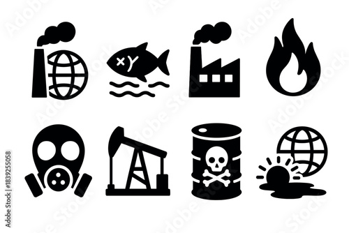 Environmental impact icons pollution, fossil fuels, and global issues in bold silhouette style