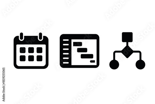Simple icon set calendar, gantt chart, and flowchart for project management