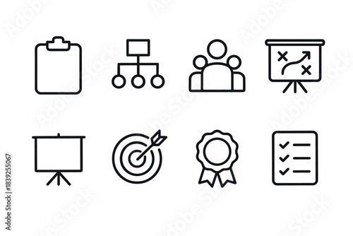 Minimalist business icons set for project management and teamwork strategies