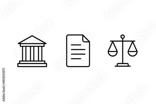 Linear icons of courthouse, document, and scales of justice