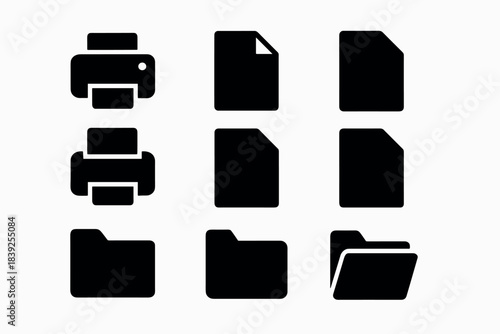 Essential office icons set printers, documents, and folders in bold silhouette design
