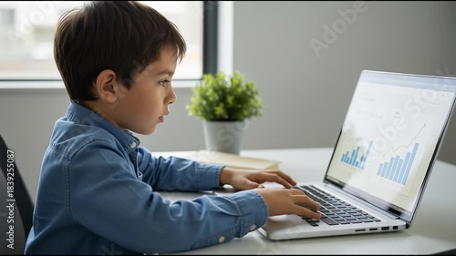 Young boy using laptop computer indoors for education or work